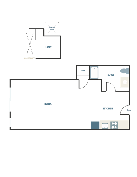 Floor plan for studio, 1 bath, 445 sqft